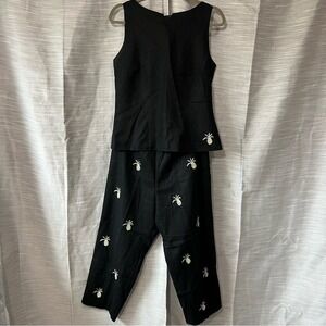 Nicole Studio Black Linen Two Piece Set Tank Top Cropped Pants Pineapple Size 12
